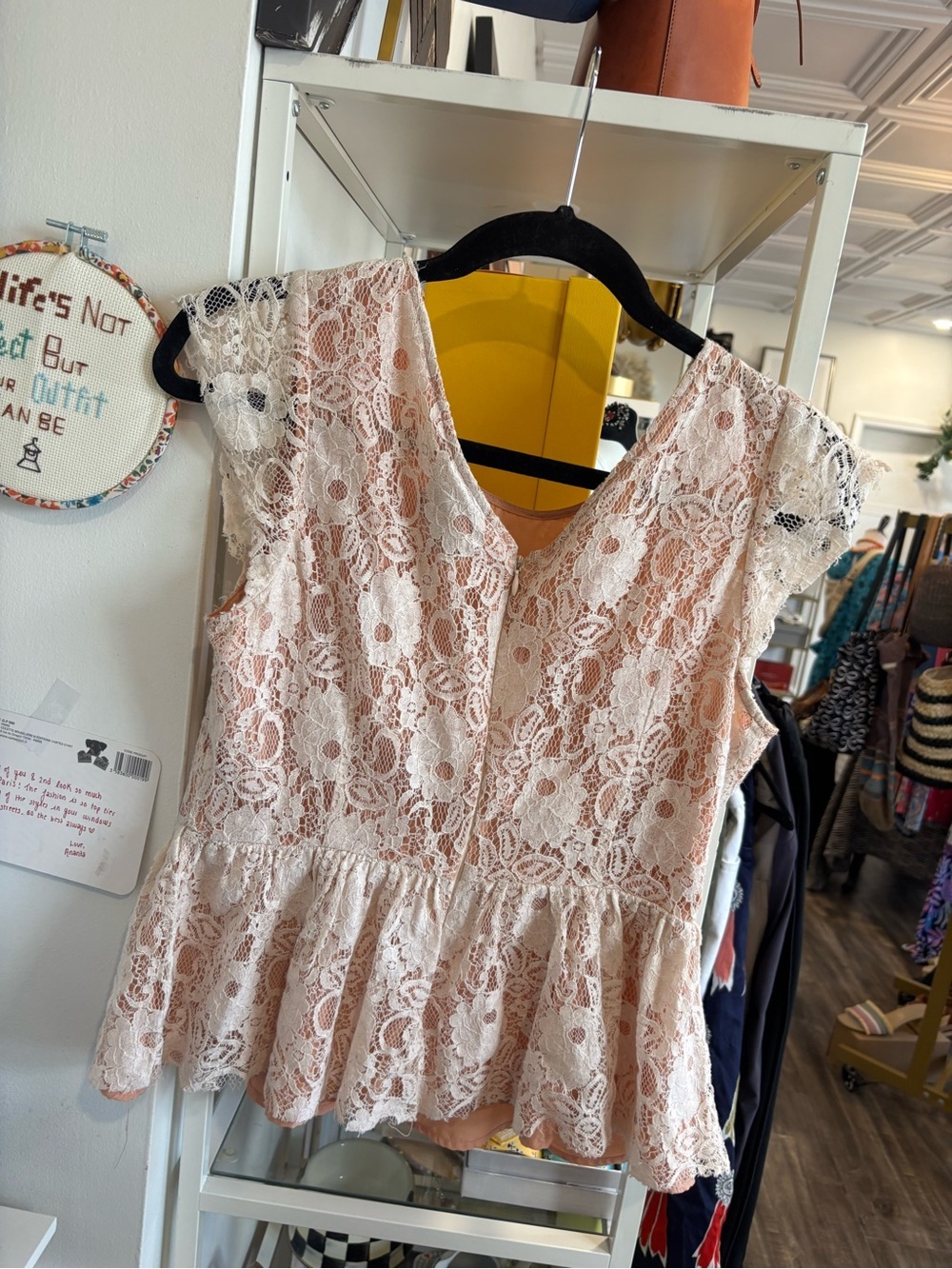 Maeve Blush Lace Peplum V-Neck Top